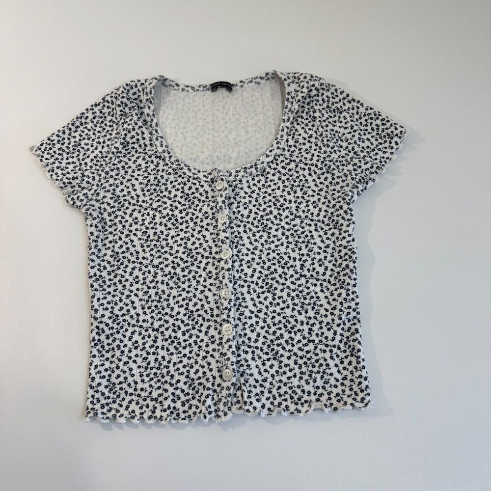 Brandy Melville Crop Top Women's OS Light‎ Blue Floral Zelly Button Down Cotton